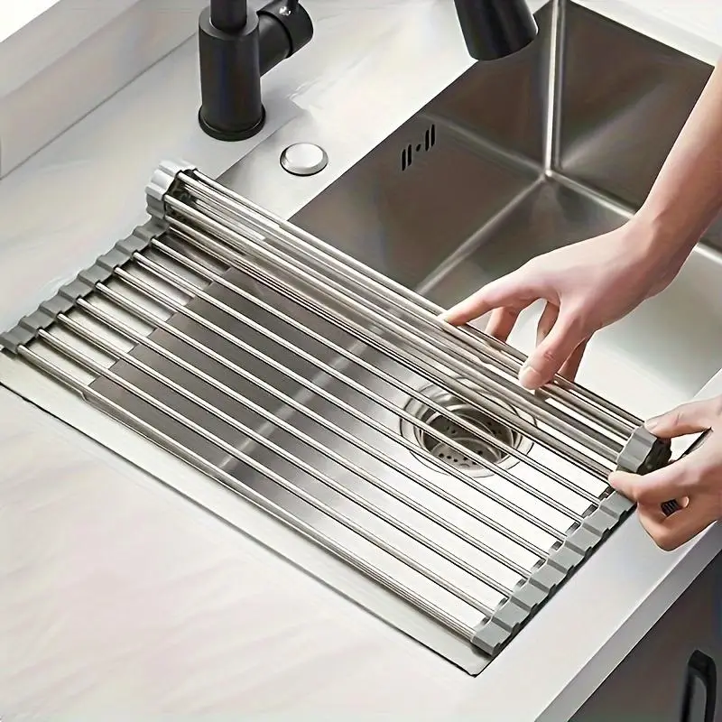 1pc, Roll Up Dish Drying Rack, Over The Sink Dish Drying Rack, Stainless Steel Multifunctional Dish Drain Rack, Rollable Dish Drainer For Kitchen Sink