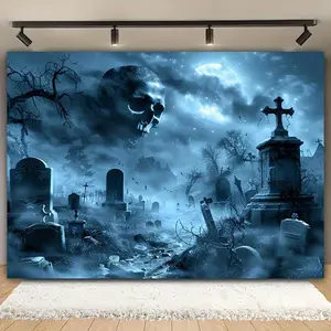 1pc Polyester 2D Flat Halloween Banner Backdrop - Gothic Cemetery Scene with Skulls, Zombies, Vampires, Clowns, Ghosts, Full Moon Night Design - Indoor/Outdoor Decor for Haunted Houses, Party Ornaments (White)
