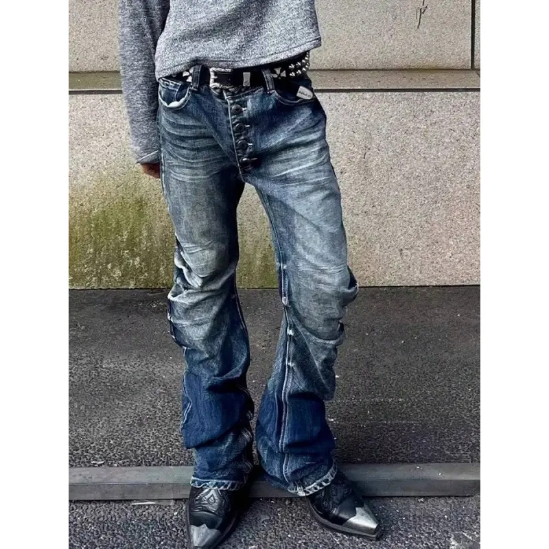 Vintage Washed Men's Flared Jeans, Stretch Boot-Cut Denim Pants, Ice Pattern Layered Leg Trousers, Comfort Casual Daily Outdoor Wearing Garment
