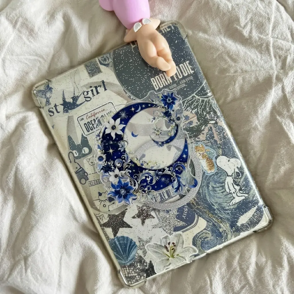 Crescent Moon Floral Phone Grip, Blue Starry Acrylic Holder, Magical Night Sky Phone Stand, Cute Gift for Moon Lovers, Readers, and E-Reader Fans