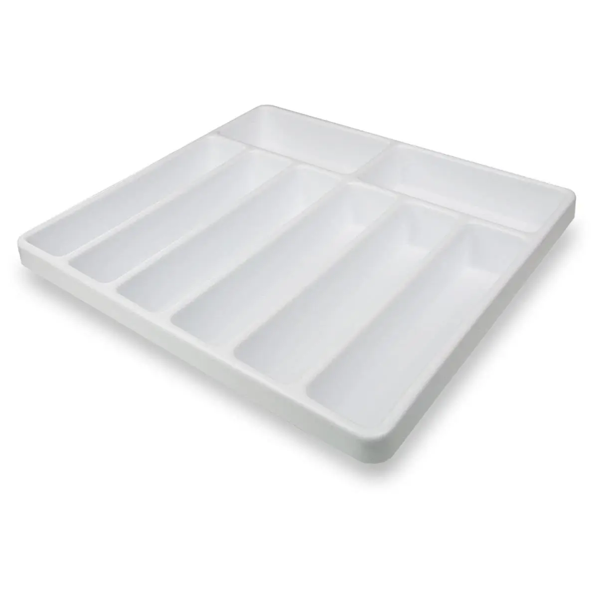 212 MAIN Large White Polystyrene Desk Drawer Container Organizer - 8-Compartment Storage Trays with Divided Storage, 19 1/2 in. x 2 3/4 in. x 17 1/2 in., 6 lbs, Durable Rounded Edges, Full Apron, Spot Clean for Desk Supplies