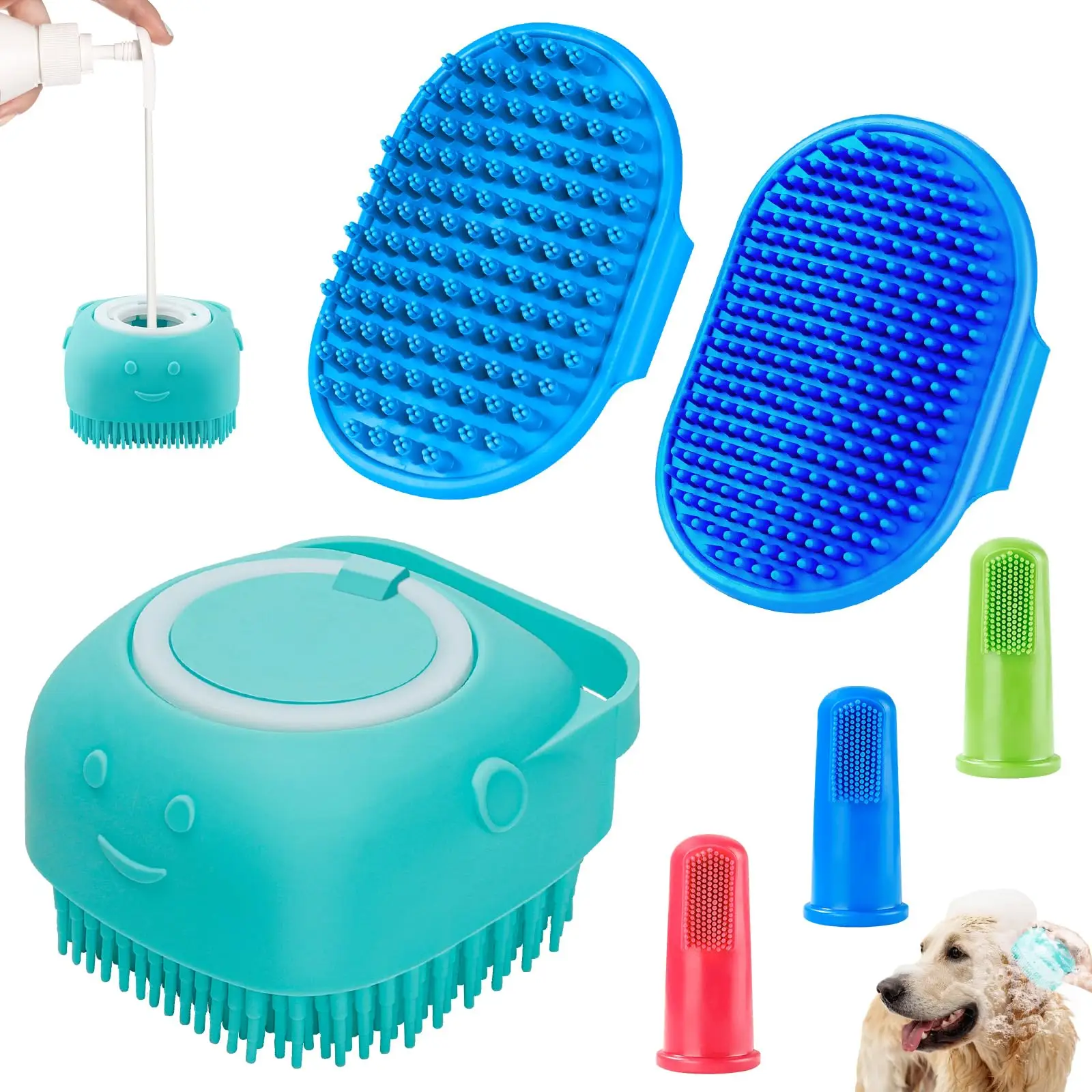 Pet Bath Brush & Finger Toothbrush Set, 6 Counts Pet Bath Brush with Adjustable Ring Handle, Dog & Cat Grooming Brush, Bath Accessories for Short Hair