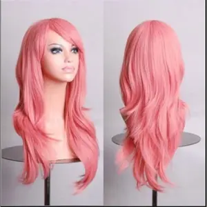 (Pink) 70cm Long Curly Red Cosplay Wig – Heat Resistant Wavy Anime Party Hair Costume