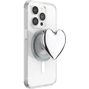 Phone Grip for MagSafe with Kickstand, Magnetic Stand, Swappable Top, Secure Hold for iPhone MagSafe Cases, Phone & Tablet Grip - Enamel Silver Heart