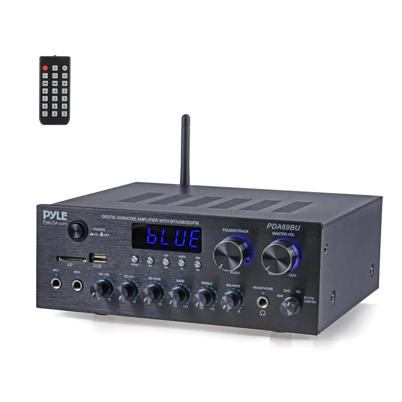 Pyle Metal Tabletop Hi-Fi 2.0 Channel Audio Amplifier Receiver - Bluetooth 5.0, FM LED Display, Dual Mic In, Headphone Output, USB/SD, RCA & AUX, Bass & Treble Control, Independent Input Selector, Remote, FM Antenna, 300W x 2 @ 8 Ohm, 3.67kg