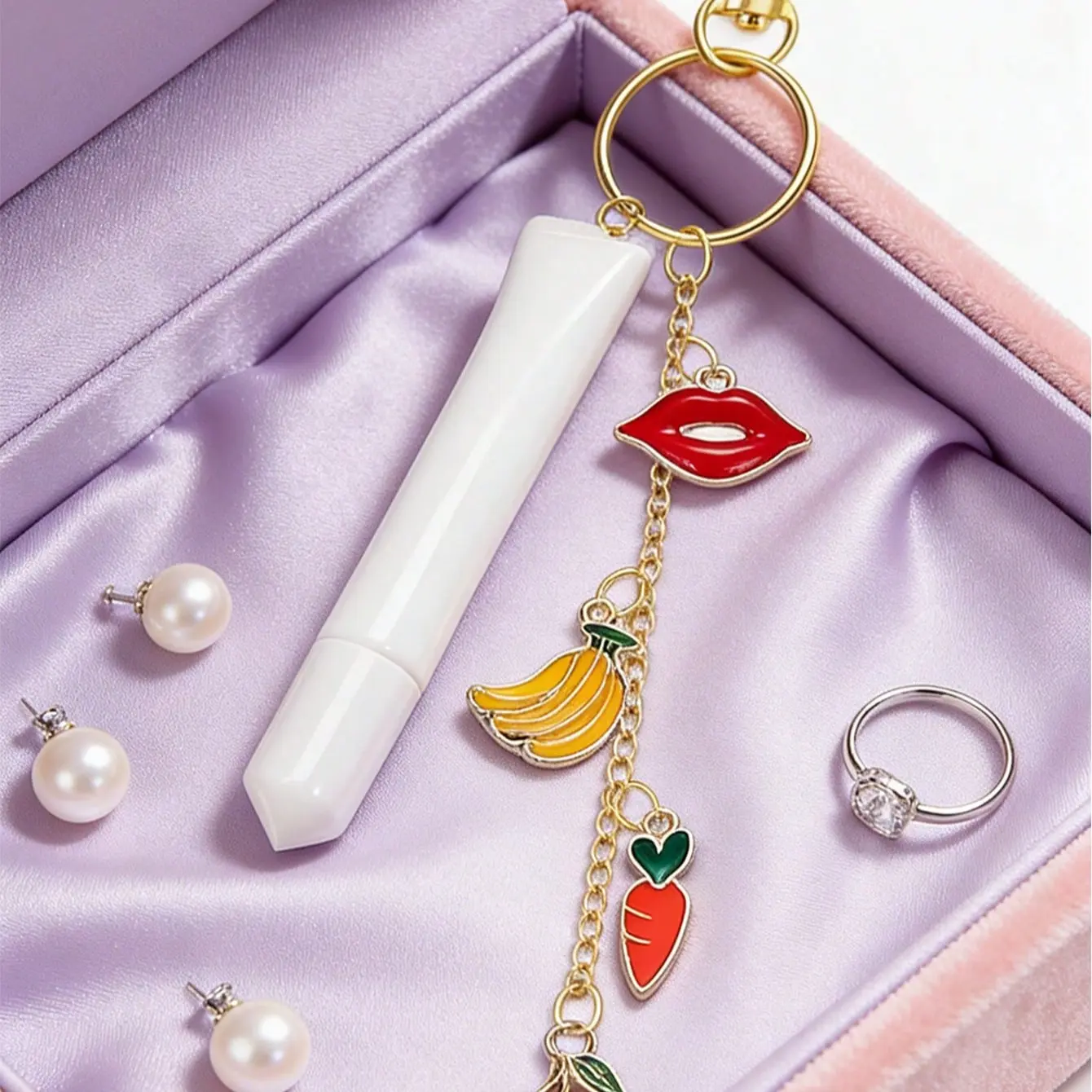 Cute Lip Balm Keychain with Cherry, Carrot, Banana Elements, Convenient for Purses & Wallets, Ideal Valentine's and Ramadan Gift