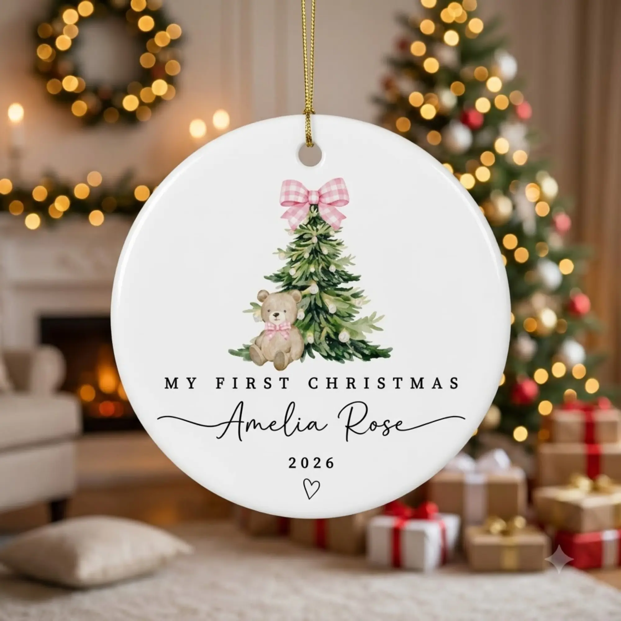 My First Christmas Pink Bow Teddy Bear Ornament, Personalized Baby Girl Gift, Custom Name Holiday Tree Decor, Circle Ceramic Ornament 2-side