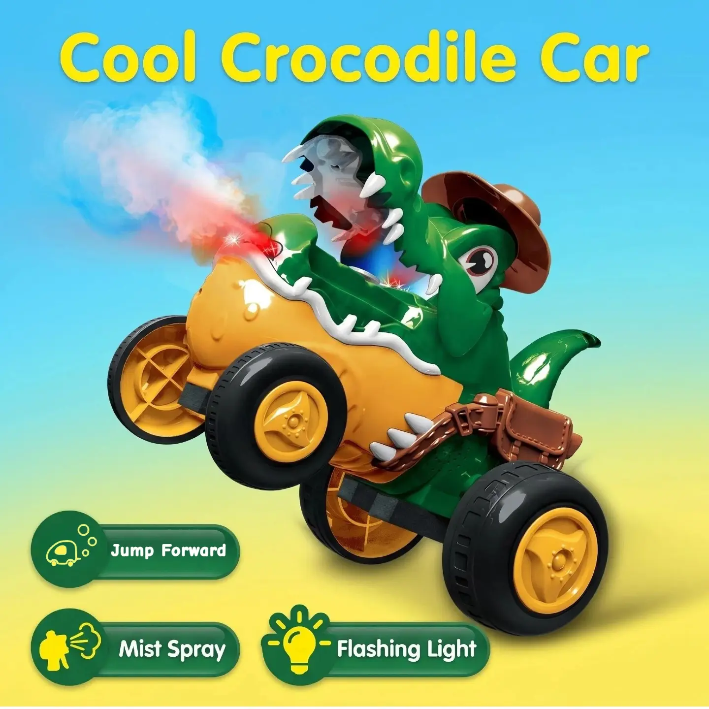 Kid's Electric Crocodile Jumping Car Toy - Mist Spray, Light & Music, Stunt Actions, Jump Forward, 1-Click Demonstration, Upright Walking, Floor-Friendly Wheels, 30+ Mins Playtime rc cars rc