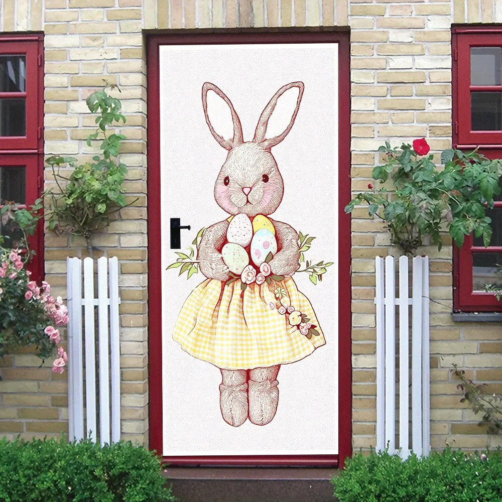 2pcs Easter Bunny Wall Stickers Cartoon Animal Door Decals Removable PVC Stickers for Kids Room Home Decor Easter Egg Rabbit Theme Wall Decals for Bedroom Living Room Decorative Stickers  Collage Sel