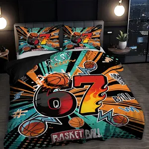 67 Internet Hot Meme Theme 3pcs (1 Duvet Cover, 2 Pillowcases, No Core) Trendy Cool Flame Comic Style Sports Basketball and Number 67 Element Printed Duvet Cover Set, Soft and Comfortable Bedding Set, Room Decoration, a Must-Have for Basketball Fans