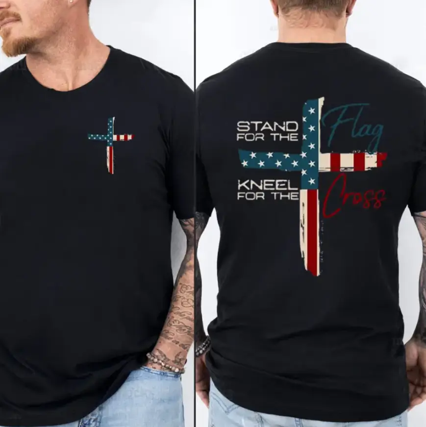 Stand For The Flag Kneel For The Cross 4th Of July 2 Sided T-Shirt, Graphic Tees For Women Cotton Fabric Casual Crew Neck Short Sleeve T-Shirt Trendy