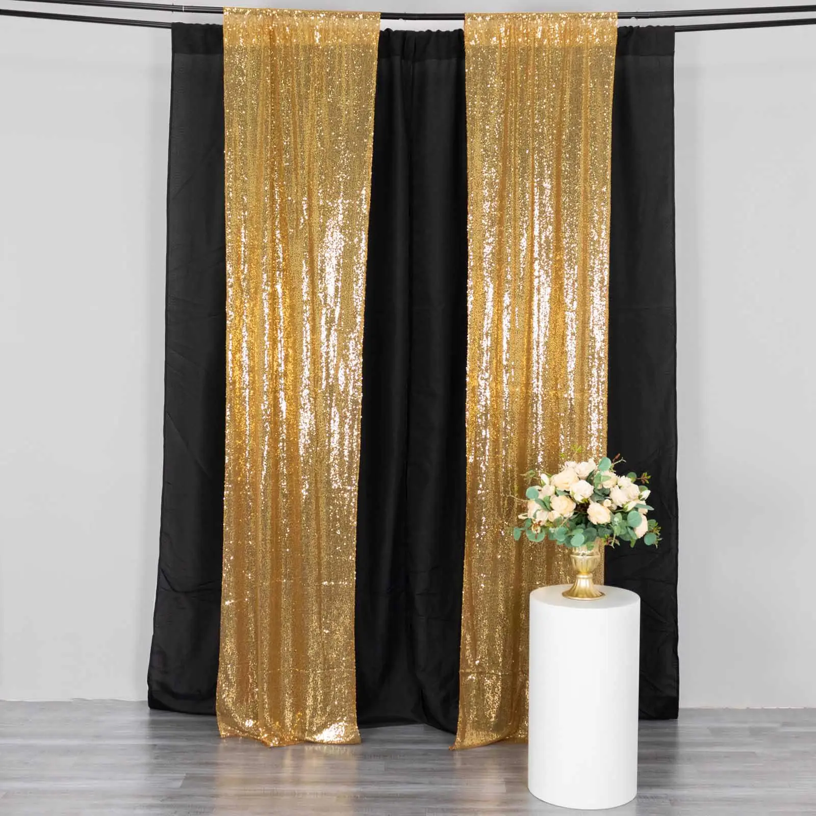 2 Pack Gold Sequin Backdrop Drape Curtains with Rod Pockets, Seamless Shimmer Mesh Shimmer Wall Backdrop Panels - 8ftx2ft for Party Event Photo Booth Dividers