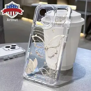Golden Butterfly Pattern Case for iPhone 16 15 14 Pro Max 13 12 11 XR XS Plus Non-Yellowing Drop Protection Transparent Silicone Cover