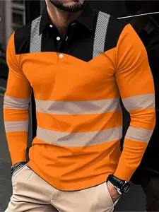 Men's long-sleeved shirt - black collar, fluorescent yellow background with black patchwork reflective stripes. Black collar with white buttons design. Eye-catching and casual style. Comfortable and breathable.