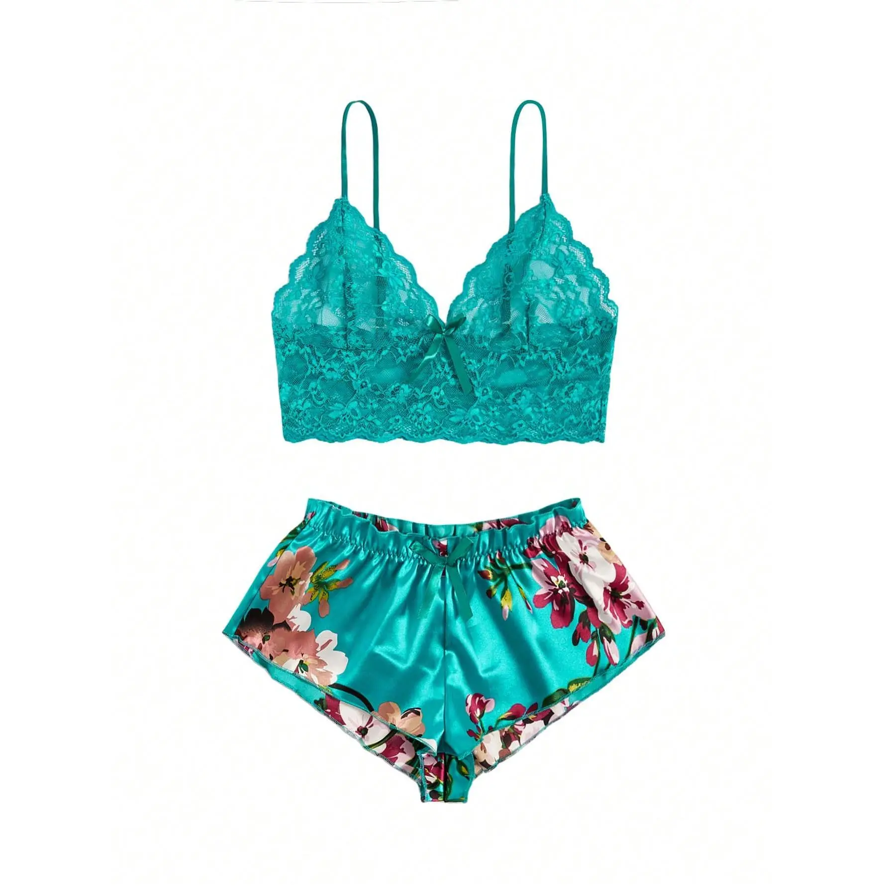 Women's Comfortable Sexy 2-Piece Elegant Lace Lingerie Set - Green Floral Bow-Front Longline Spaghetti Strap Bra & Panty, Medium-Stretch Polyester Fabric, Stylish Daily Wear