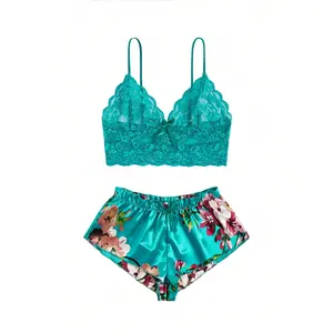 Floral Lace Bow Front Lingerie Set Underwear Women Spaghetti Strap Bra Piece Green Fabric