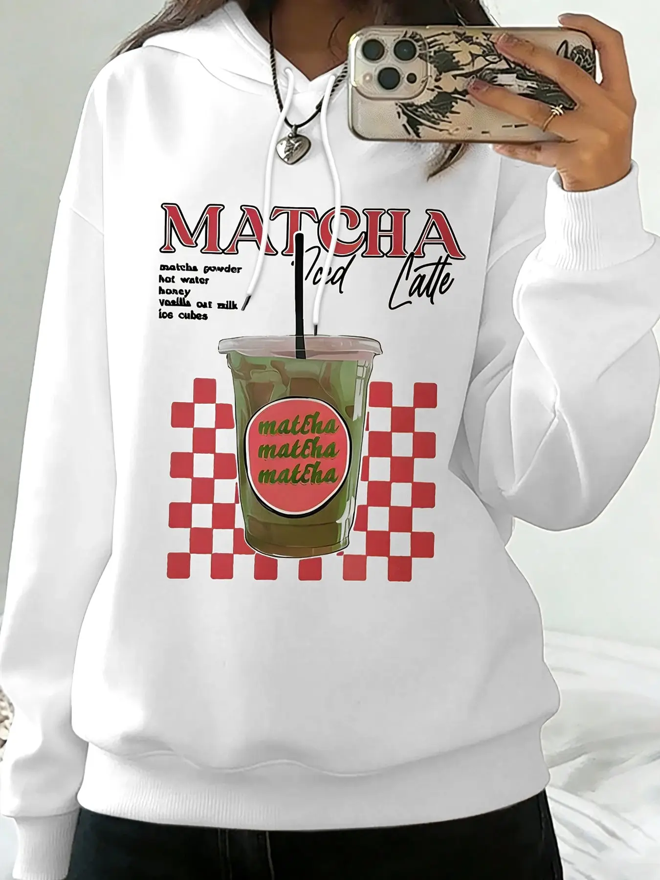 Women's Matcha Letter Print Long Sleeve Hoodie, Casual Fitted Design, Perfect for Outdoor Fashion & Sports, Trendy Streetwear Style