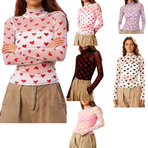 Women's Heart Print Mesh Top, Mock Neck Long SleeveFit T-Shirt, TikTok Viral Coquette Valentine's Top, Cute Semi-Sheer Layering Piece, Date Night Outfit
