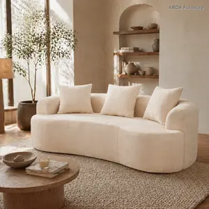 Curved 2-Seater Chenille Sofa, Modern Low-Back ARCH Crescent Modular Sofa Couch for Living Room, Deep Cushions, Self-Inflating Foam-Filled, No-Assembly Required, White Chenille Fabric, Apartment Convertible Furniture, Curved Sofa