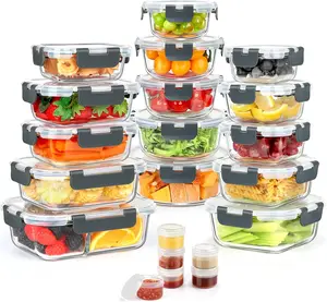 42 count Glass  Storage Containers with  Set, 21 Containers & 21  Include One 2 Compartments Glass Meal Prep Containers with Snap Locking Lid Set, Leak Proof Lunch Container ,Grey