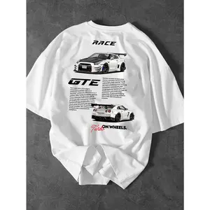 Men'S Fashion Car Pattern T-Shirt, Racing Elements Graphic Tee, Loose Fit Street Style Short Sleeve Top for Summer, Casual Attire for Car Enthusiasts, Slight Drop Shoulder Round Neck T-Shirt