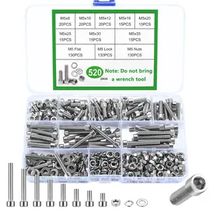 520 Pcs M5 Screws Set, Hexagonal Screws Nuts Set, Stainless Steel Cylinder Screws Hexagon Socket Screws with Nuts and Washers Set, Machine Screws Thread Screws Assortment, Hex Cap Screws, Flat Head Screws