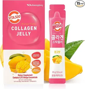 KWANGDONG Vita500 Mango Collagen Peptides Korean Jelly Stick with Vitamin C | Marine Collagen for Hair, Skin, Nails, Beauty, Joints, Minerals & Antioxidants Support | Convenient Daily Sticks 15 Pack