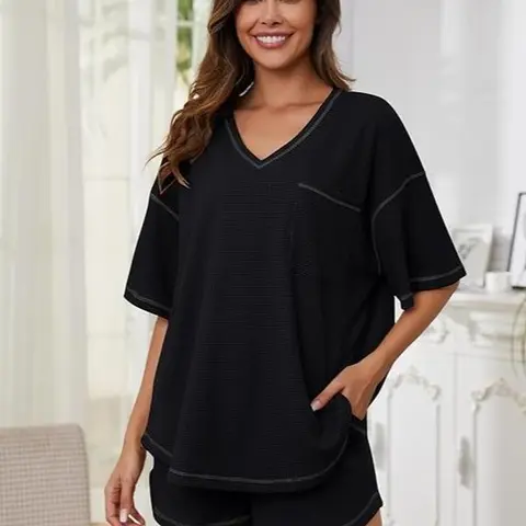 Becotal Women's Two Piece Outfits Loungewear Pajama Set with V-Neck Waffle Design, High-Stretch Fabric, Casual Winter and Spring Outfit