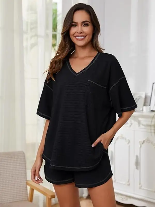 Becotal Women's Two Piece Outfits Loungewear Pajama Set with V-Neck Waffle Design, High-Stretch Fabric, Casual Winter and Spring Outfit