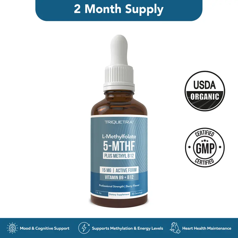 L-Methylfolate 15mg + B12 Pro Strength, Liquid 5-MTHF Form, Supports Mood, Methylation, & Cognition Supplement Energy Levels Vitamin Methylcobalamin