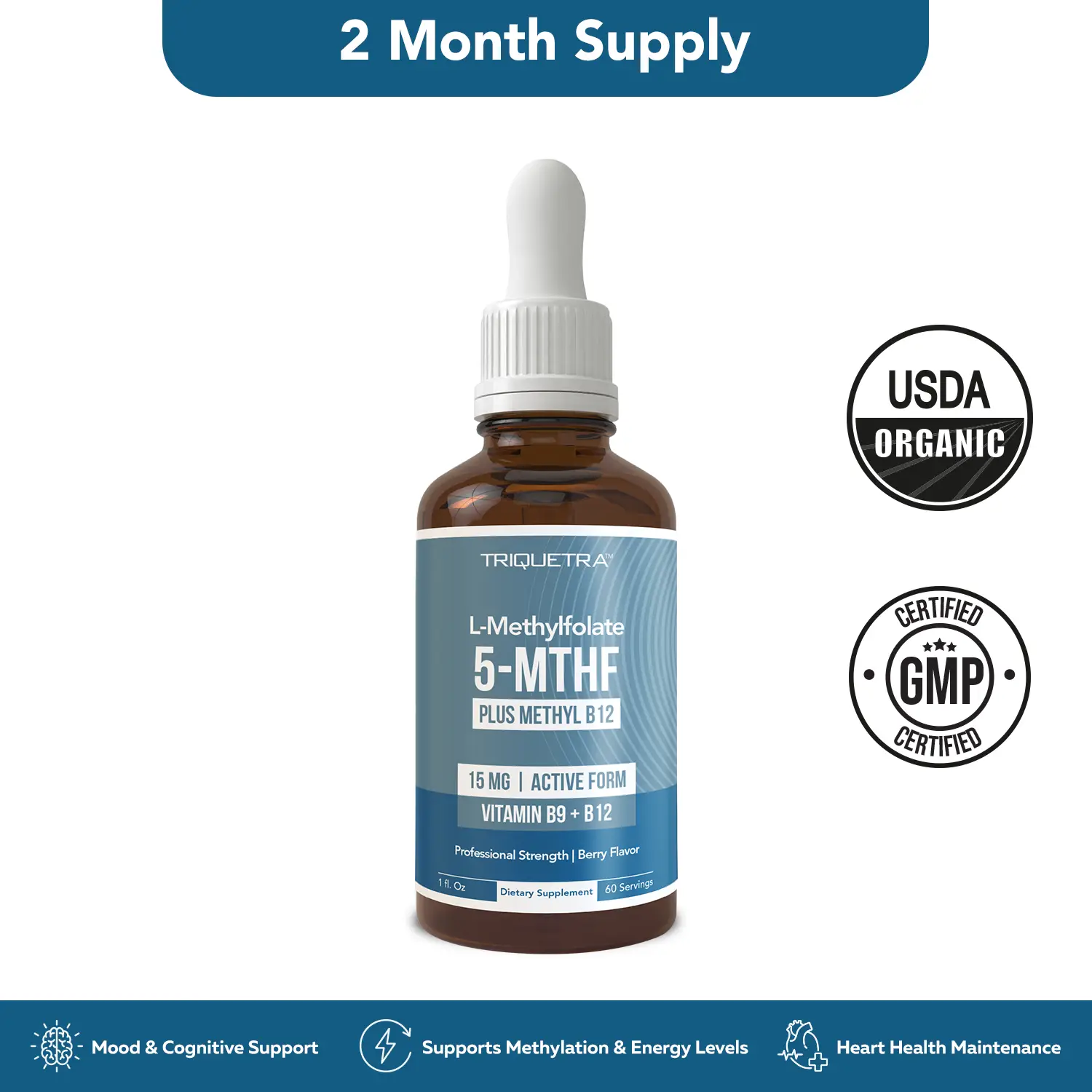 L Methyl Folate 15mg + B12 Pro Strength, Liquid 5-MTHF Form, Supports Mood, Methylation, & Cognition Supplement Energy Levels Vitamin Methylcobalamin