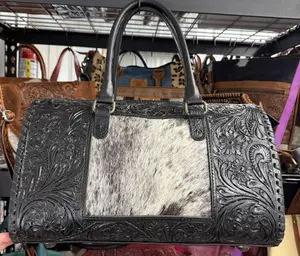 Genuine hand tooled leather & cowhide speedy bag- Black with cowhide patch