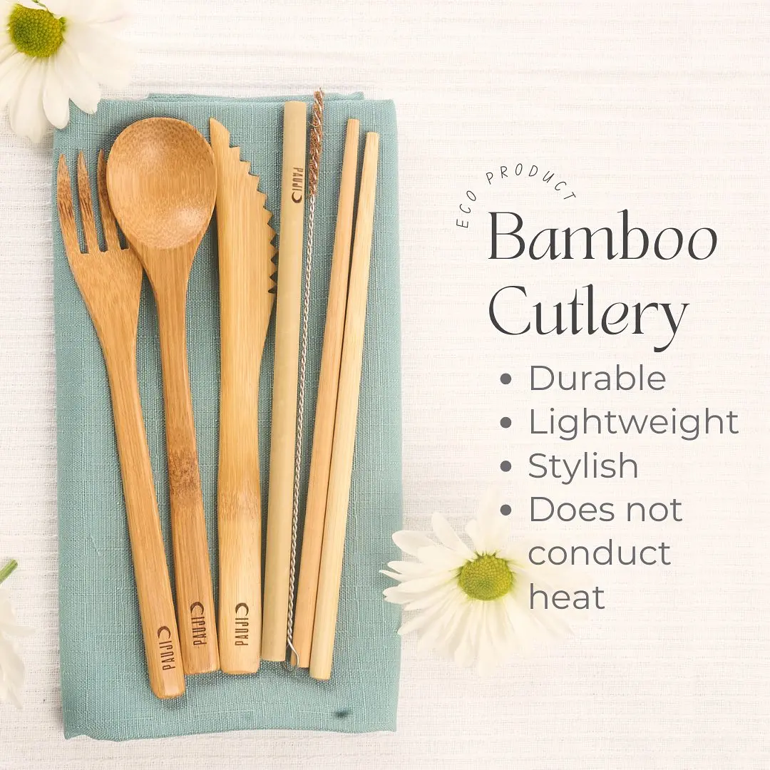 Pauji - Bamboo Cutlery Set - Fork, Spoon, Knife, Chopsticks & Straw