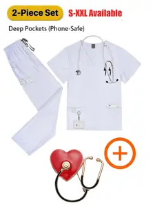 Men's Solid Color Frosted Uniform Set Beauty Salon and Hospital Workwear Pocket Dress Top and Jogging Pants Set with Brooch