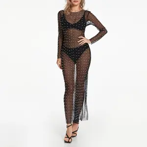 Women’s long-sleeve bikini cover dress with pearl decoration, see-through skinny version