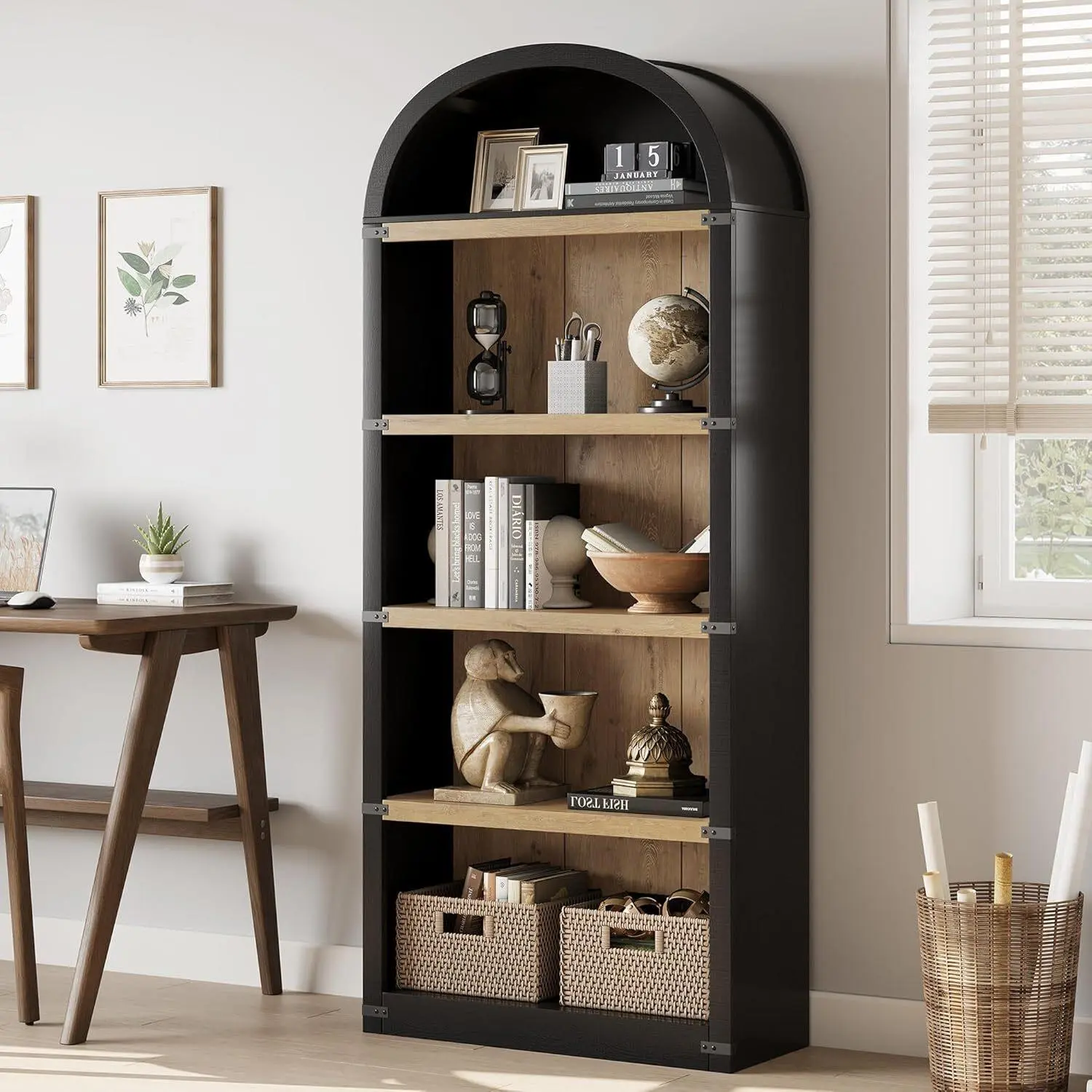 Gaomon Modern 5-Shelf Arched Wooden Furniture - 71in Tall Farmhouse Bookshelf, Black/Natural Storage Display Rack for Home Office, Modern Bookshelf