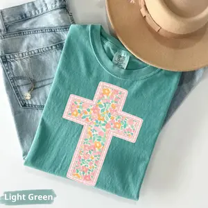 Comfort Colors Quilt Patchwork Corss T Shirt, Easter Grandma Core Cottage Core Ditsy Flowers Trendy Gift Easter TShirt Christian Faith Cross T-Shirt Graphic Tee