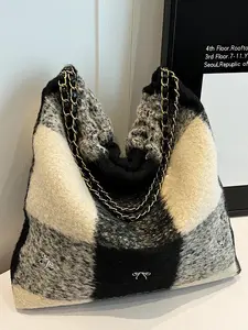 Women's Gingham Pattern Fuzzy Tote Bag, Casual Versatile Shoulder Bag for Work & Daily Used, Trendy All-match Bag for Commuters & Students