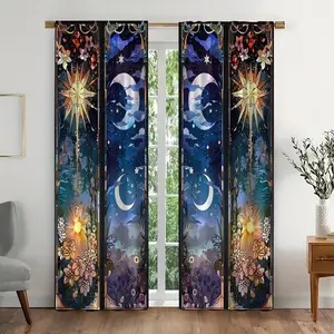 Moon & Sun & Floral Pattern Curtain, 1 Pair Forest Pattern Rod Pocket Curtain, Semi Blackout Curtain for Bedroom, Living Room, Window, Kitchen, Office, Home Decor