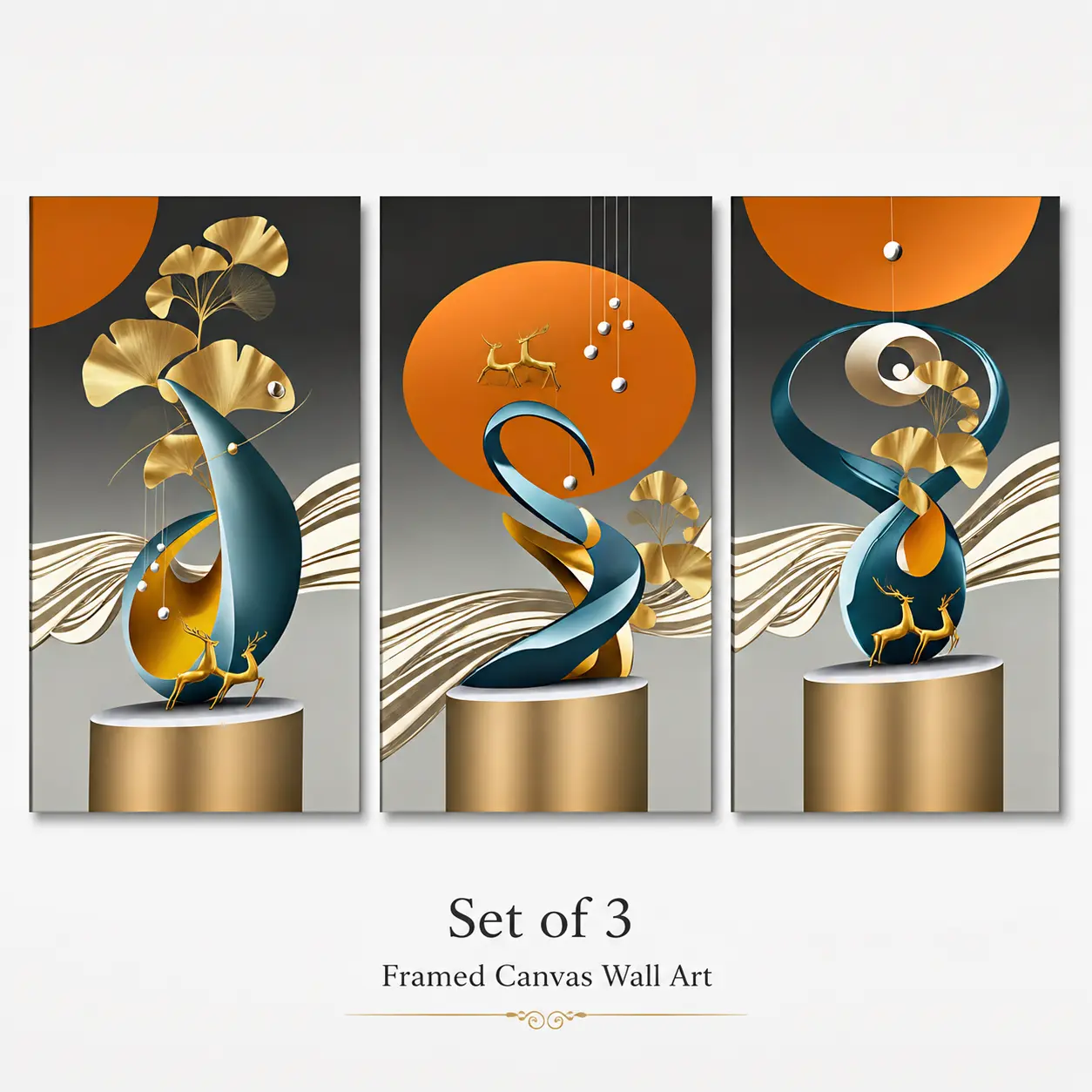 Set of 3 Abstract Canvas Wall Art, Luxury Gold Ginkgo Leaf Painting, Modern Blue Sculpture Artwork, Framed Wall Art Decor for Living Room Bedroom Office, Contemporary Home Decor, Aesthetic Room Decoration Gift