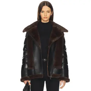 jocelyn Faux Mink & Leather Moto Jacket in Black & Brown