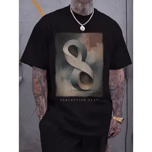Moody Infinity Ribbon Graphic Tee Printed Tee 3D Illusion Loop Art, Perception Play Abstract Geometric Print, Muted Watercolor Grunge Background, Aesthetic Unisex Top Streetwear Style, Casual Soft Fabric Summer Shirt, Relaxed Comfortable Fit
