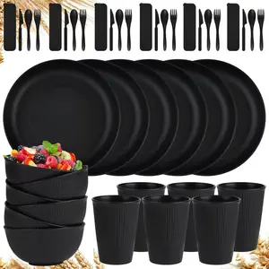 42-Piece Wheat Straw Dinnerware Sets,Unbreakable Plates and Bowls Set,Dinner Plate/Dessert Plate/Cereal Bowl/Cup for Kitchen,Apartment Essentials, Outdoor Camping,Black