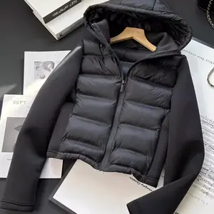 ZBZA Woman's Neoprene Effect Jacket High Collar Long Sleeves Hooded Splice Warm Overcoat Autumn Winter New Female Chic Outerwear