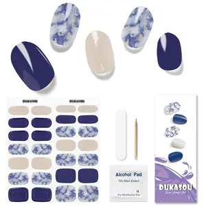 Semi Cured Gel Nail Strips, 28pcs Real Nail Polish Art Stickers/Wraps Need UV Light, Includes Prep Pads, Nail File & Wood Stick, Sticker Nails for Women Girls Kids DIY（Navy Blue)
