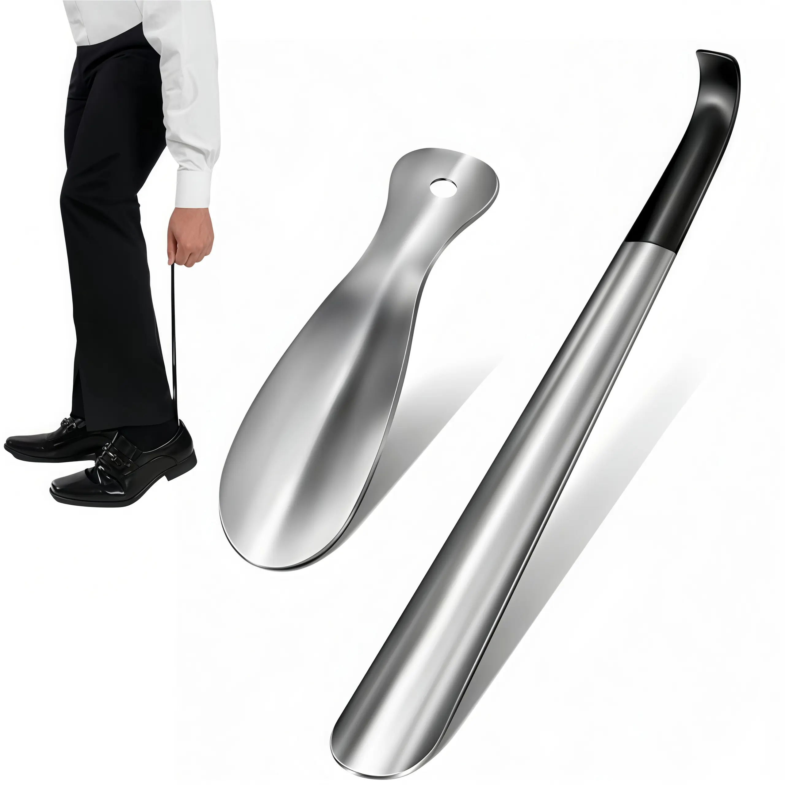 LMMAKE 1SET Stainless Steel Long Shoe Horn, Ideal for Seniors, Sturdy Non-Slip Design, Easy Shoe Wearing Tool for Whole Family