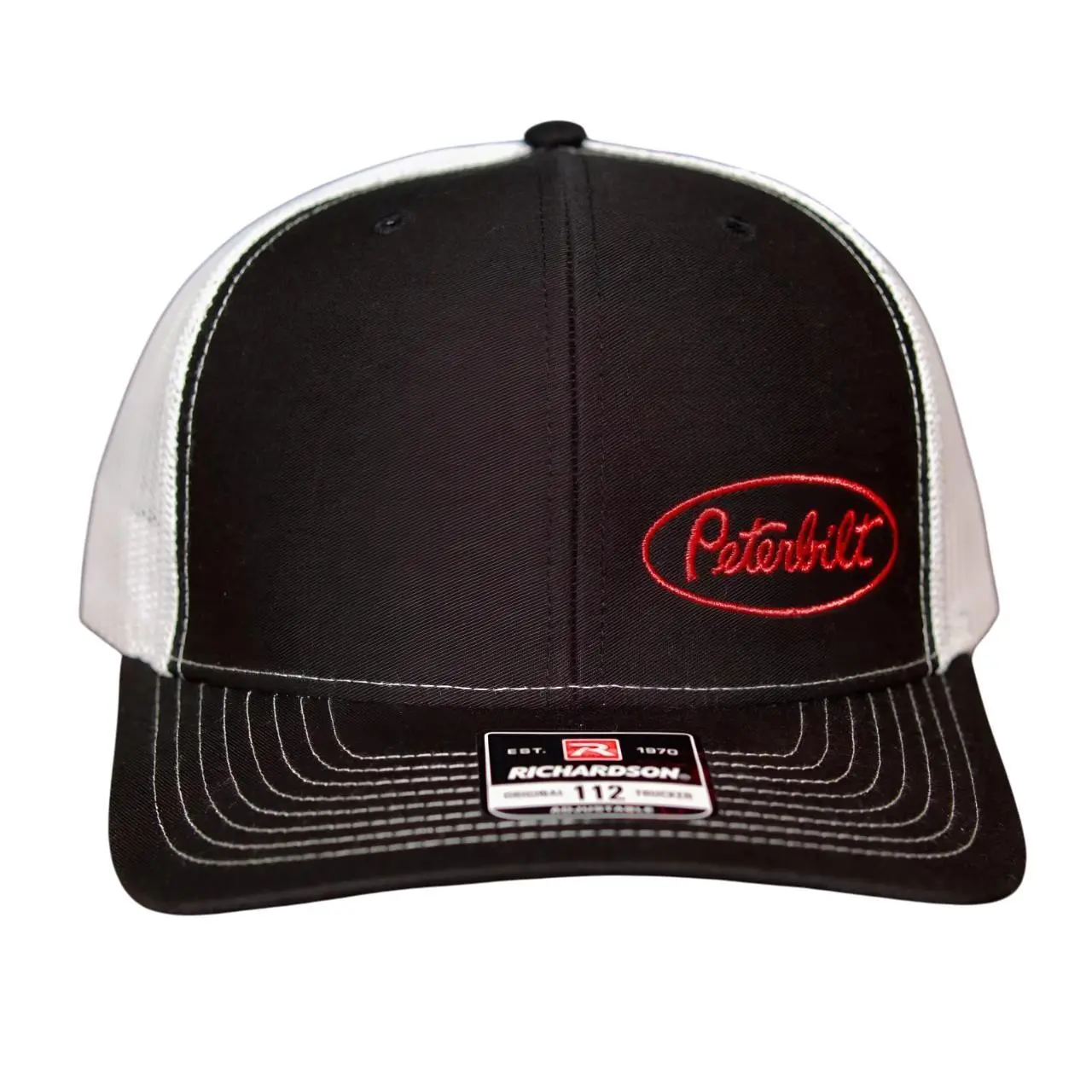 Richardson 112 Peterbilt Trucker Hat, Black White Embroidered Snapback Cap for Men, Retro Mesh Trucking Hat, Lightweight Breathable Workwear Style 2026