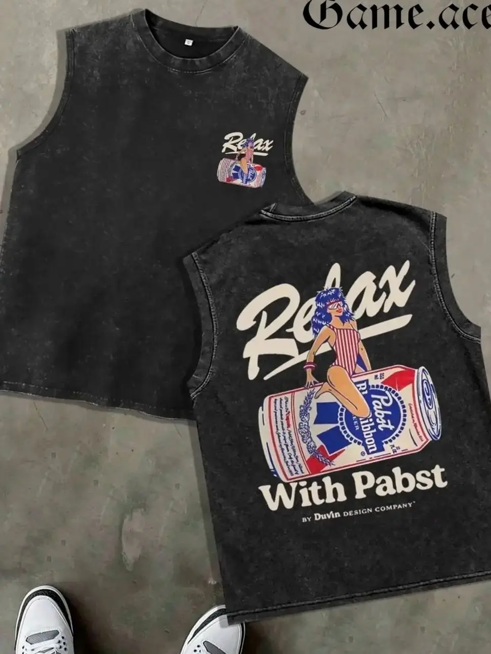 Men's Retro Beer Graphic Tank Top - Washed Black Oversized Vest, Soft Cotton Fabric for Casual & Gym Menswear, Classic