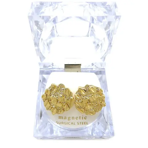 MaxBling81 Men's High-Polish Coating Alloy Imitation Gold Nugget Disc Magnetic Stud Earrings Stacking Set - 12mm & 20mm, Fake Piercing Style, Daily Unisex Hip Hop Casual Accessory with Case