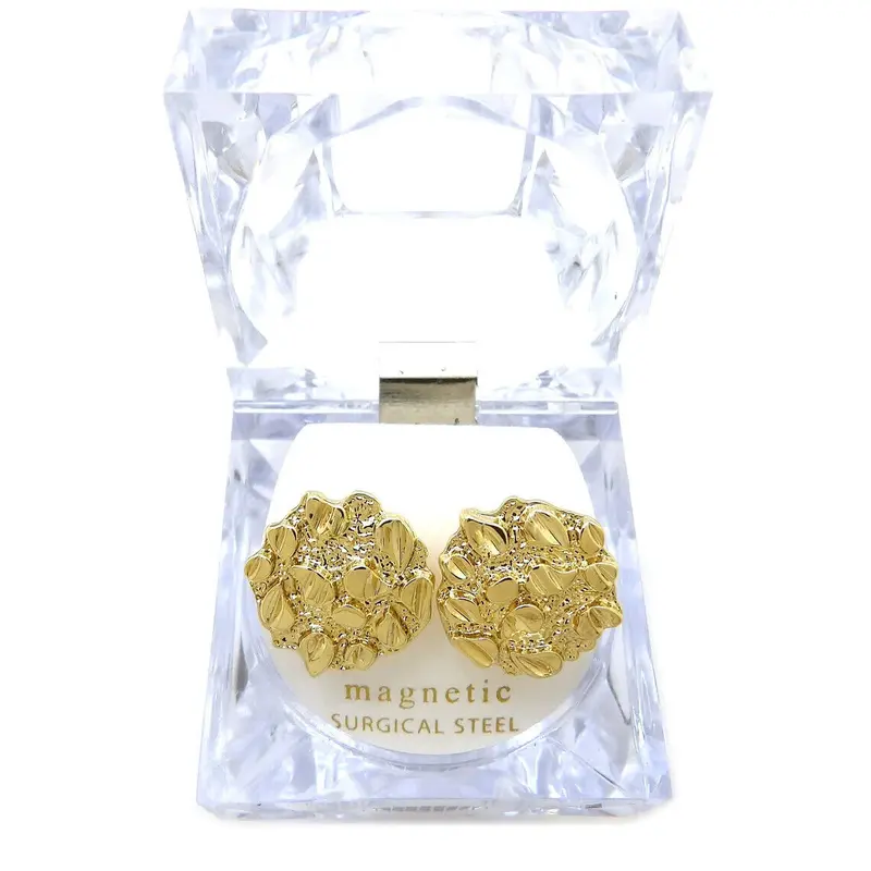 MaxBling81 Men's High-Polish Coating Alloy Imitation Gold Nugget Disc Magnetic Stud Earrings Stacking Set - 12mm & 20mm, Fake Piercing Style, Daily Unisex Hip Hop Casual Accessory with Case